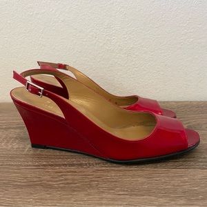 Stuart Weitzman Vintage Red Patent Slingback Peep Toe Wedges, Size 6N